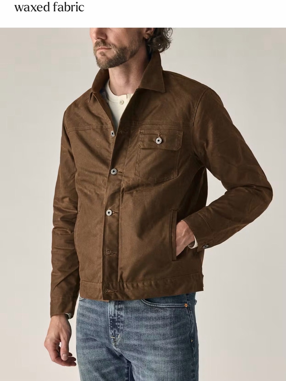 Flint and tinder canvas waxed trucker jacket in brown “Havana”